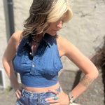 Recycled Denim Halter Top – Upcycled Vintage Shirt on a cream stucko background