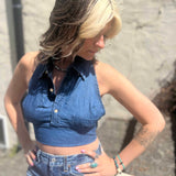 Recycled Denim Halter Top – Upcycled Vintage Shirt on a cream stucko background