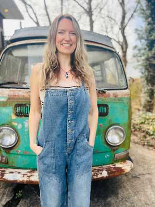 Denim Button-Down Wide-Leg Overalls