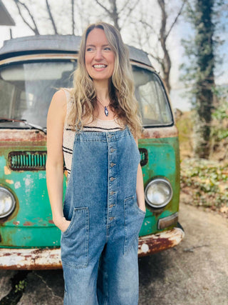 Denim Button-Down Wide-Leg Overalls
