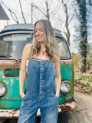 Denim Button-Down Wide-Leg Overalls