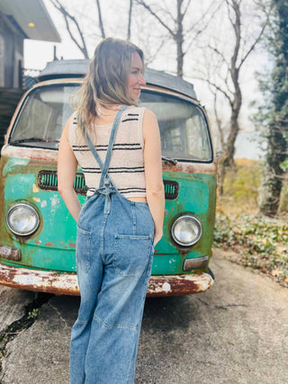 Denim Button-Down Wide-Leg Overalls