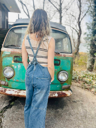 Denim Button-Down Wide-Leg Overalls