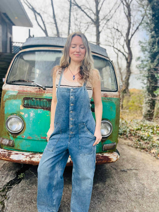 Denim Button-Down Wide-Leg Overalls