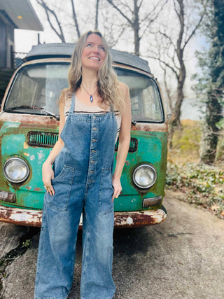 Denim Button-Down Wide-Leg Overalls
