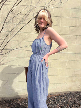 Woven Cotton Striped Jumpsuit