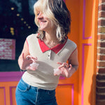 Retro Knit Linen Collar Neck Top – Beige & Red