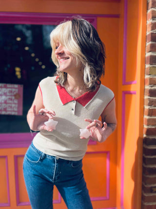 Retro Knit Linen Collar Neck Top – Beige & Red