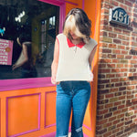 Retro Knit Linen Collar Neck Top – Beige & Red