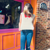 Retro Knit Linen Collar Neck Top – Beige & Red