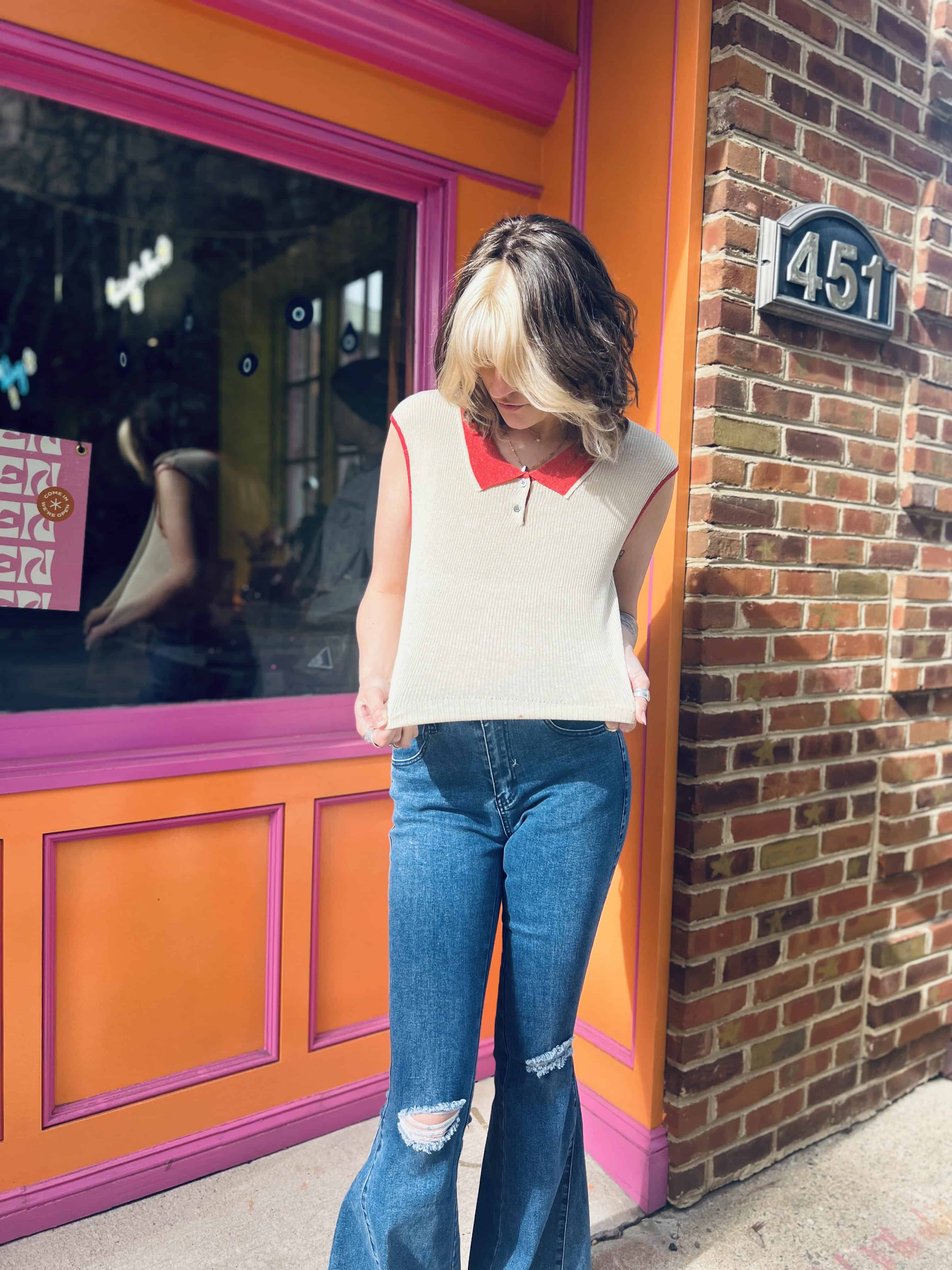 Retro Knit Linen Collar Neck Top – Beige & Red