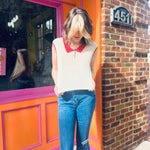 Retro Knit Linen Collar Neck Top – Beige & Red