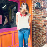Retro Knit Linen Collar Neck Top – Beige & Red