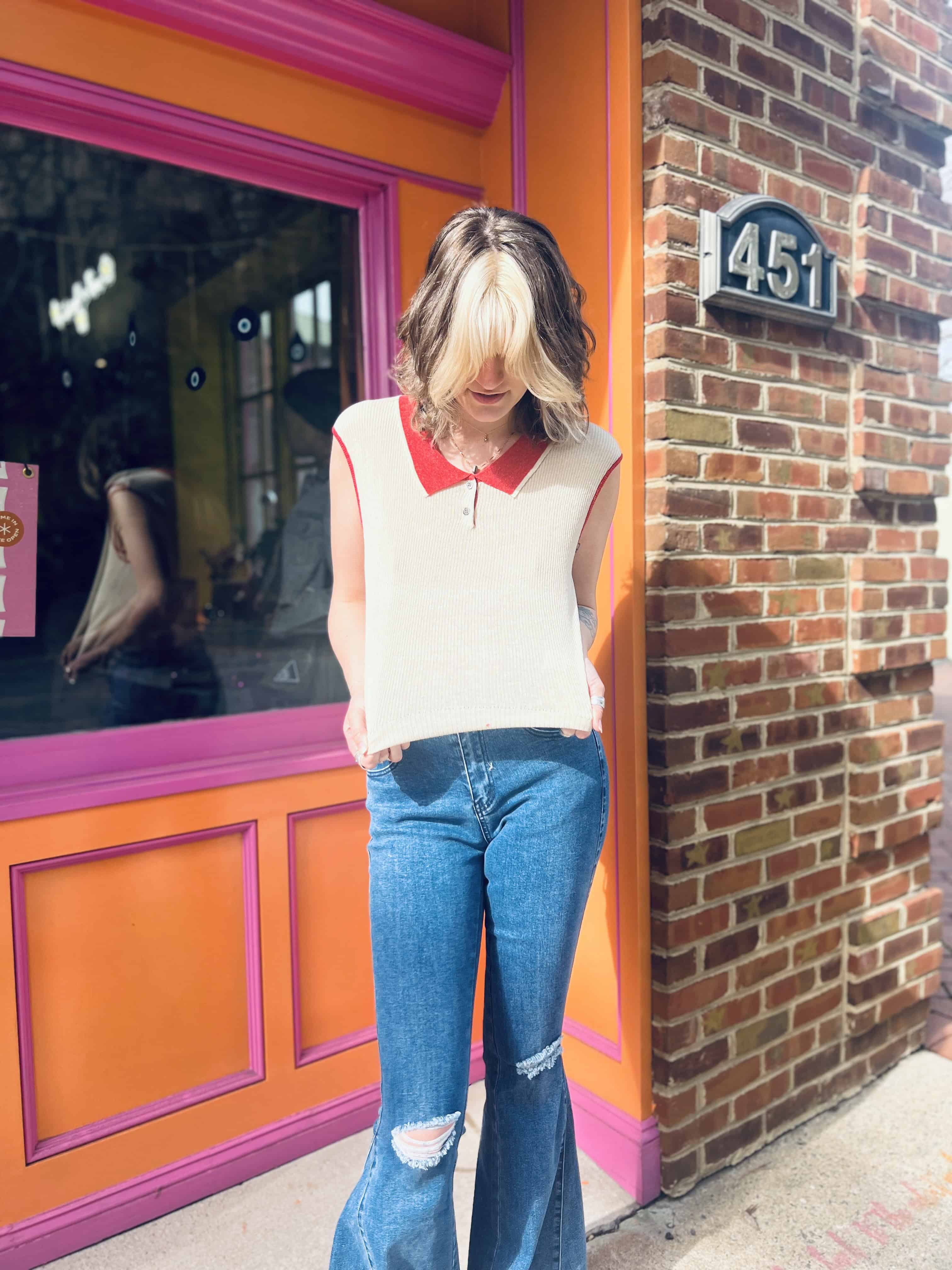 Retro Knit Linen Collar Neck Top – Beige & Red