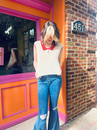Retro Knit Linen Collar Neck Top – Beige & Red