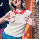 Retro Knit Linen Collar Neck Top – Beige & Red