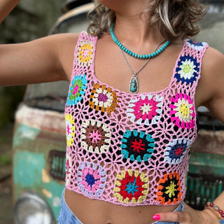 Someone wearing the lavender Handmade Boho Crochet Design Camisole in front of an old teal Volkswagen bus.