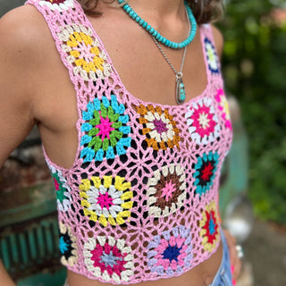 Someone wearing the lavender Handmade Boho Crochet Design Camisole in front of an old teal Volkswagen bus.
