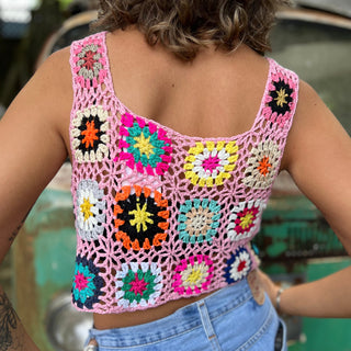 Someone wearing the lavender Handmade Boho Crochet Design Camisole in front of an old teal Volkswagen bus.