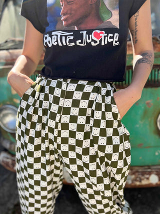 Smile Pattern Checkered Barrel Pants