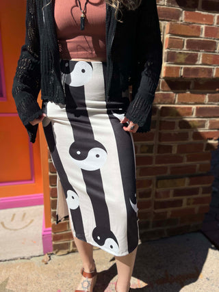 Yin Yang Print High Waist Midi Skirt