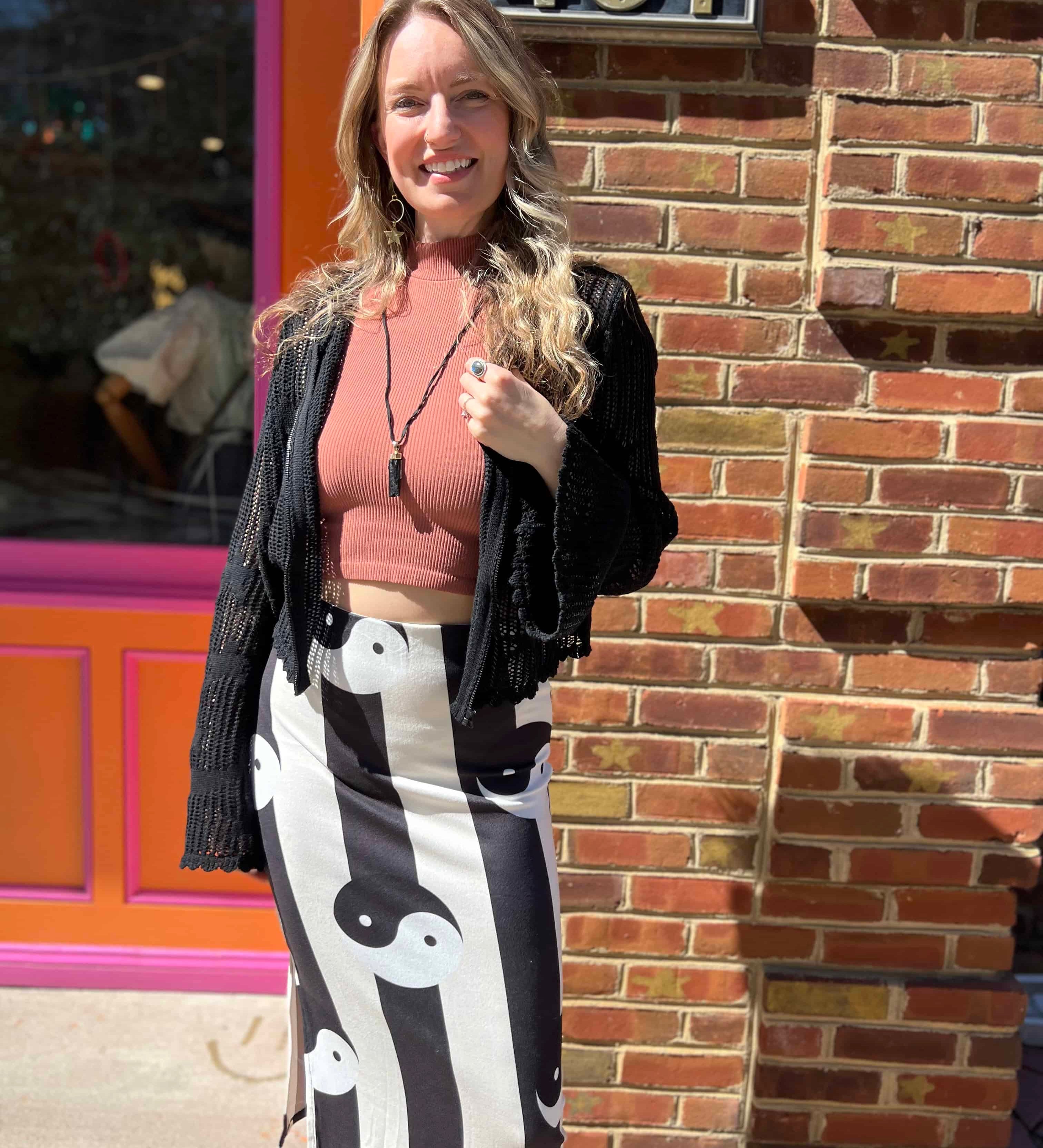 Yin Yang Print High Waist Midi Skirt