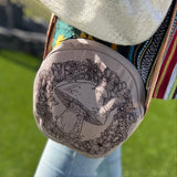 A woman wearing the mushroom Bohemian Round Print Cotton Crossbody Bag.