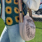 A woman wearing the mushroom Bohemian Round Print Cotton Crossbody Bag.