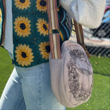 A woman wearing the mushroom Bohemian Round Print Cotton Crossbody Bag.