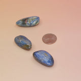 Blue Kyanite stones next to a US quarter for size reference