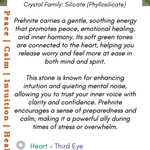 Information card about prehnite crystal with text and boho depot logo.