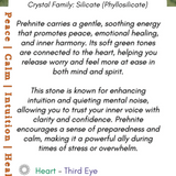 Information card about prehnite crystal with text and boho depot logo.