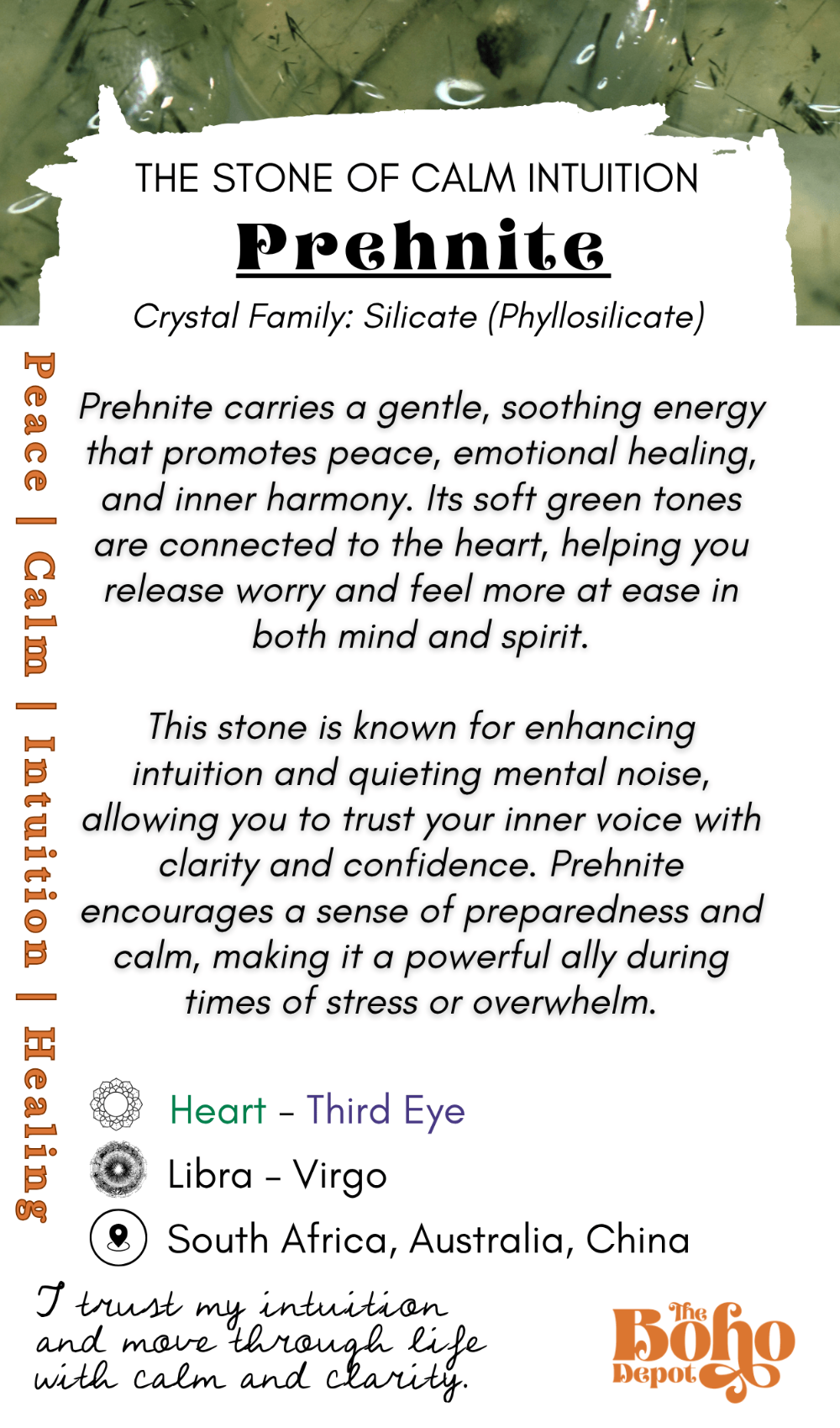 Information card about prehnite crystal with text and boho depot logo.