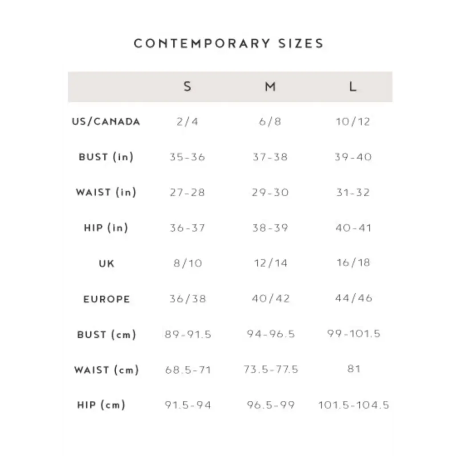 Promesa USA sizing chart.