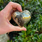 pyrite crystal heart in front of a green bush