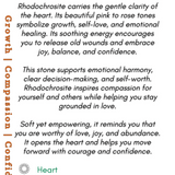 Informational card about rhodochrosite with text and a pink stone.