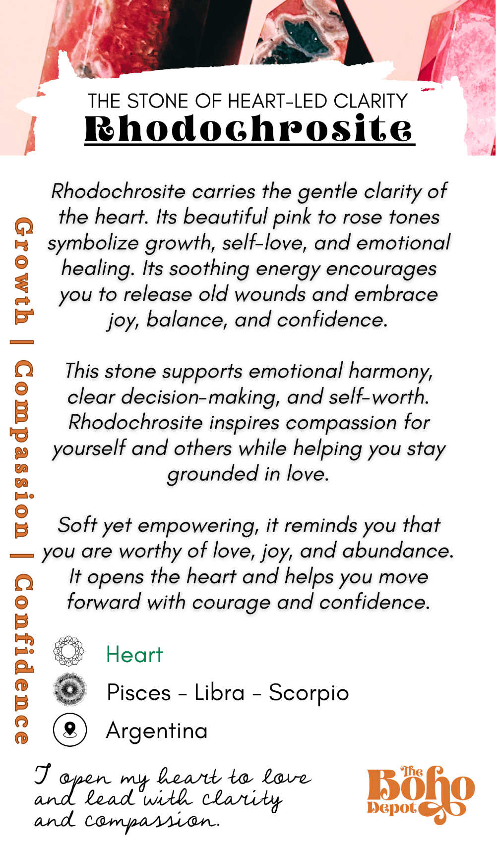 Informational card about rhodochrosite with text and a pink stone.