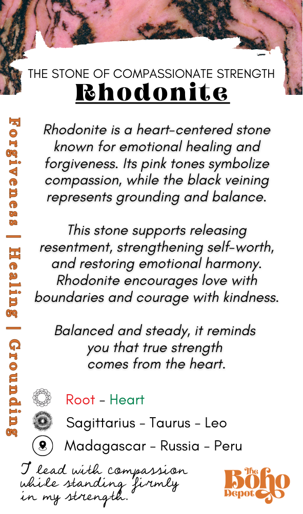 Information card about rhodonite with text and stone image