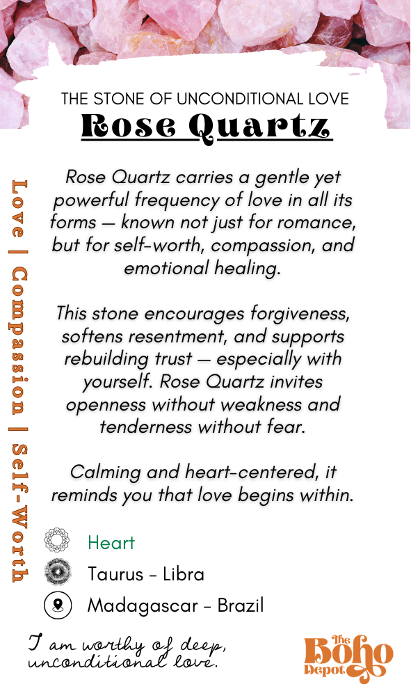 Rose Quartz information card with text and pink rose petals.
