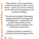 Rose Quartz information card with text and pink rose petals.