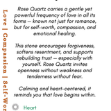 Rose Quartz information card with text and pink rose petals.