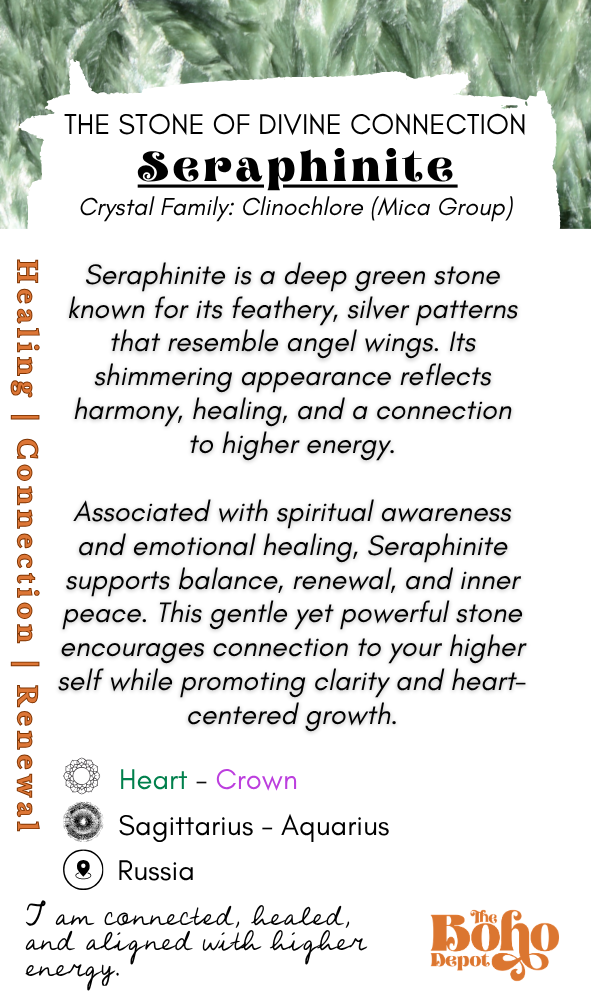Information card about seraphinite crystal with text and Boho Depot logo.