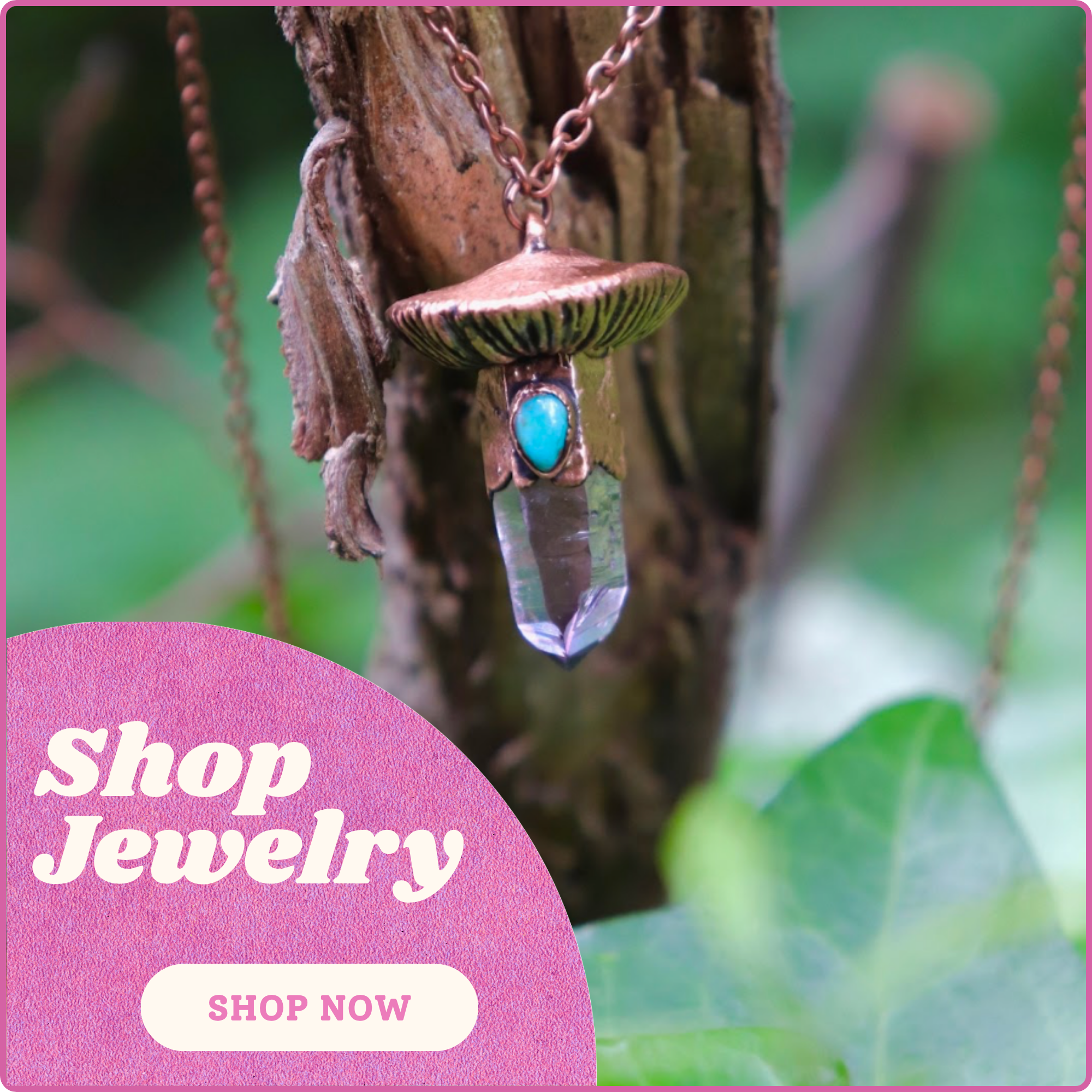 Necklace with pendant featuring a turquoise stone and crystal, against a natural background with 'Shop Jewelry' text overlay.
