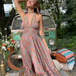Floor-length silk boho dress with double tier tiers