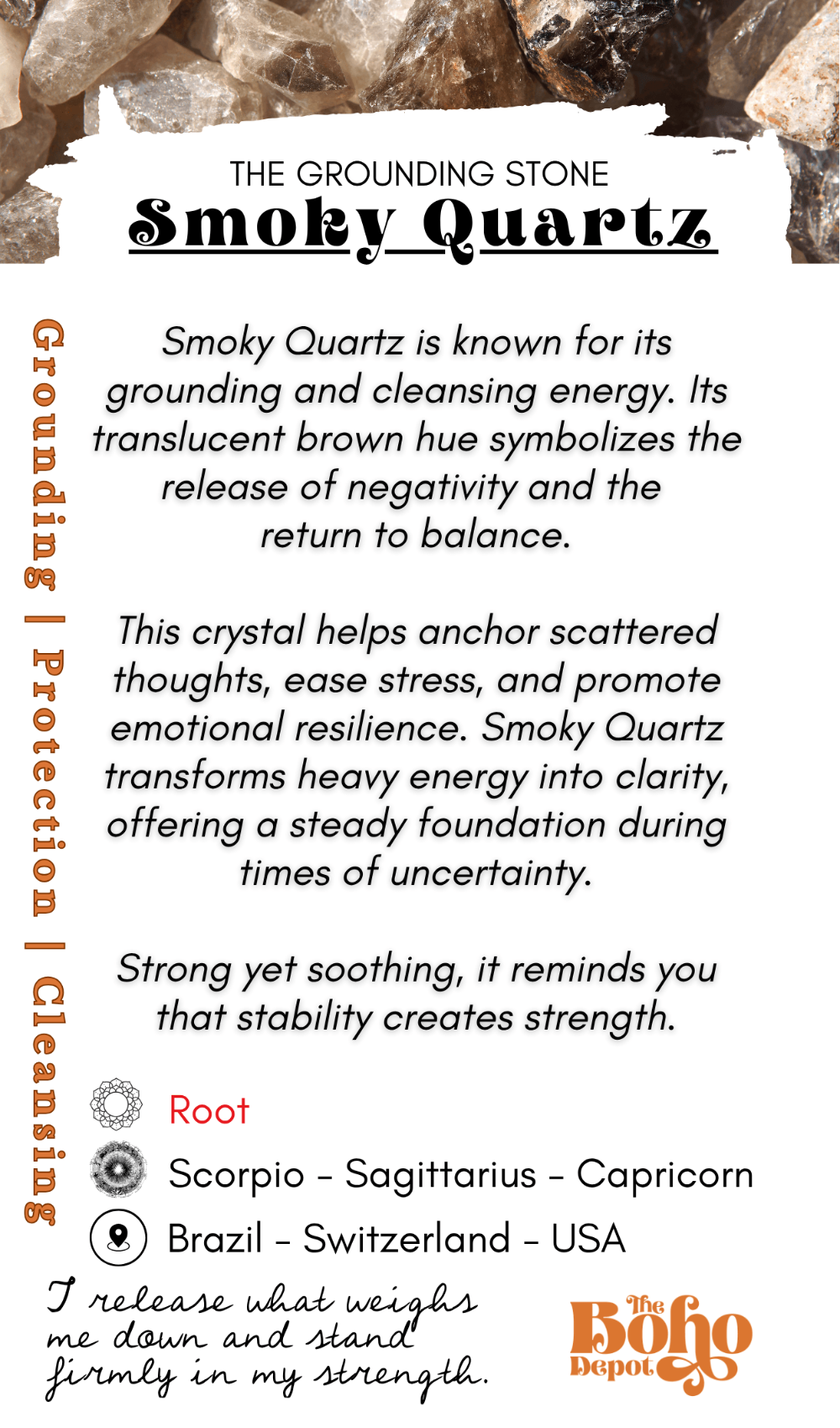 Informational card about Smoky Quartz with text and crystal imagery.