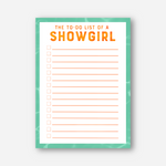 To-do list titled 'The To-Do List of a Showgirl' with a green border on a white background