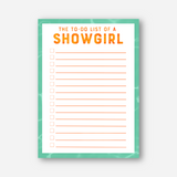 To-do list titled 'The To-Do List of a Showgirl' with a green border on a white background