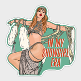 Illustration of a showgirl with text 'In My Showgirl Era' on a green background