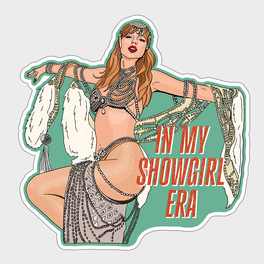 Illustration of a showgirl with text 'In My Showgirl Era' on a green background