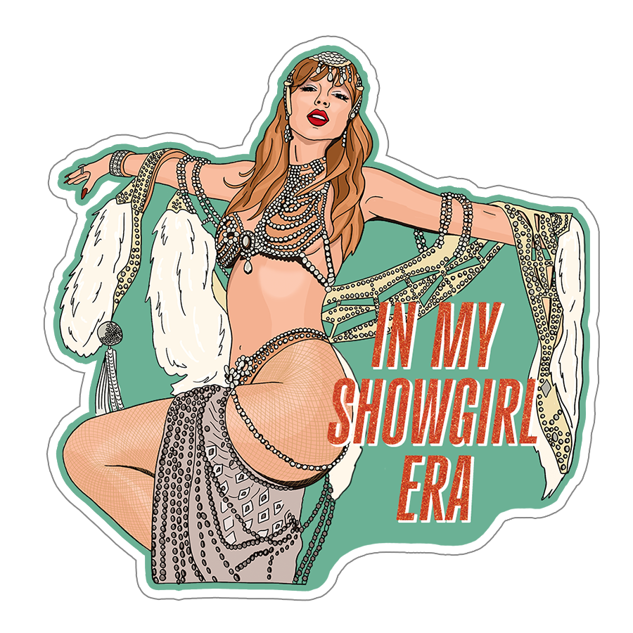 Illustration of a showgirl with text 'In My Showgirl Era' on a green background